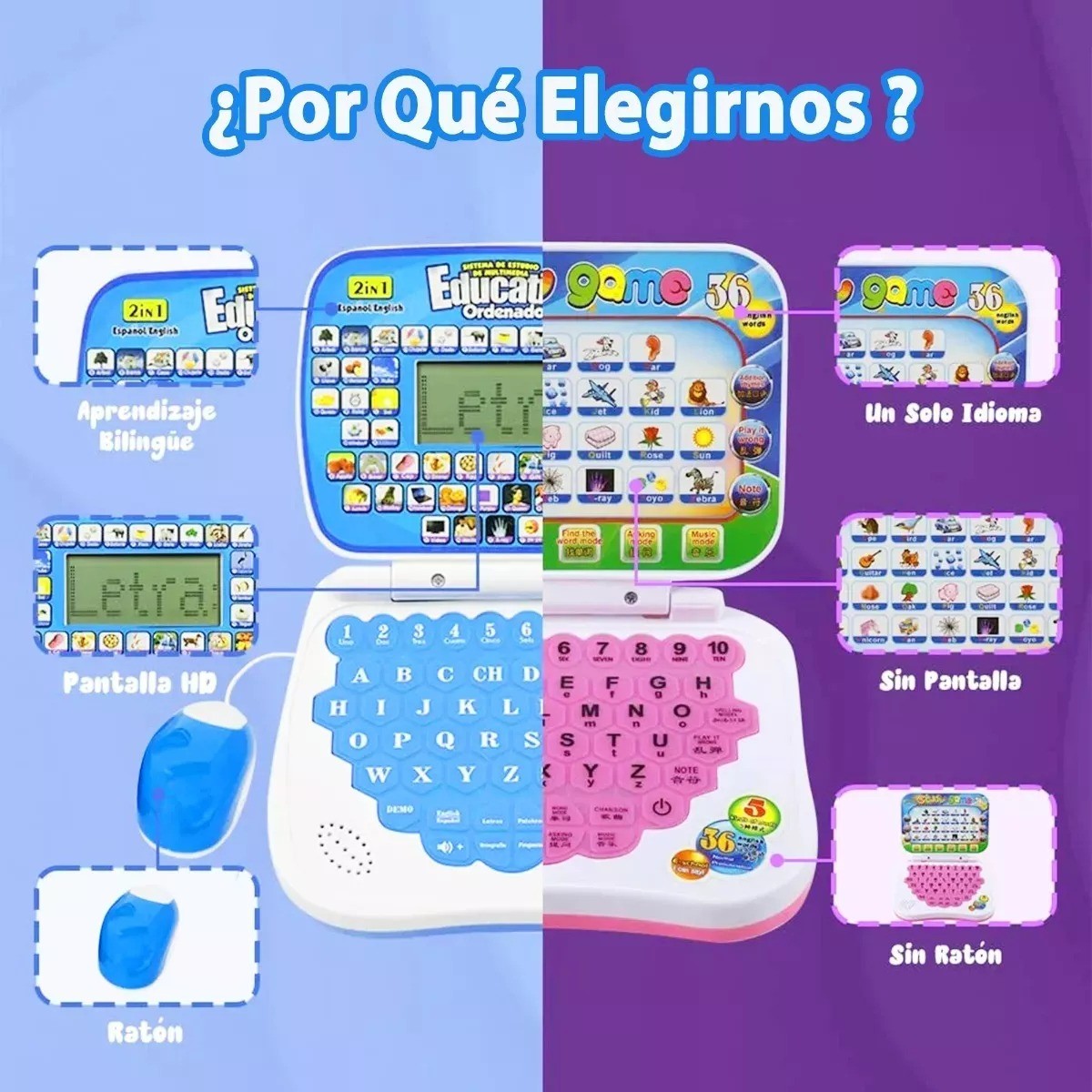 Mini Laptop Interactiva Educativa Espa&ntilde;ol/ingl&eacute;s Ni&ntilde;os image number null