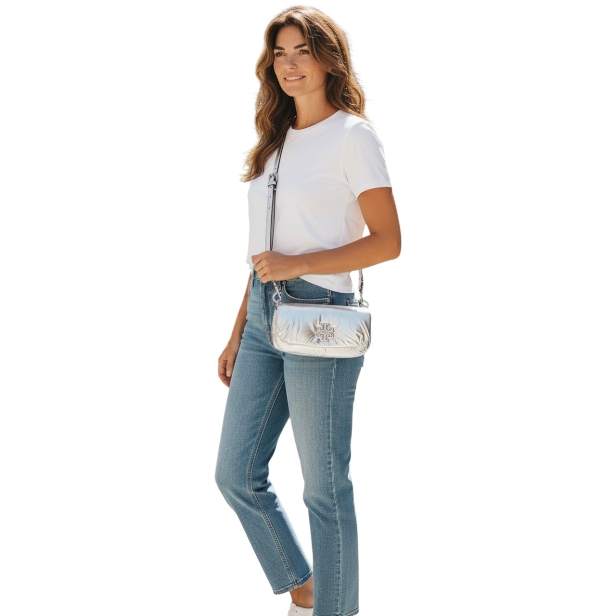 Bolsa crossbody Tory Burch britten met&aacute;lico plateado image number null