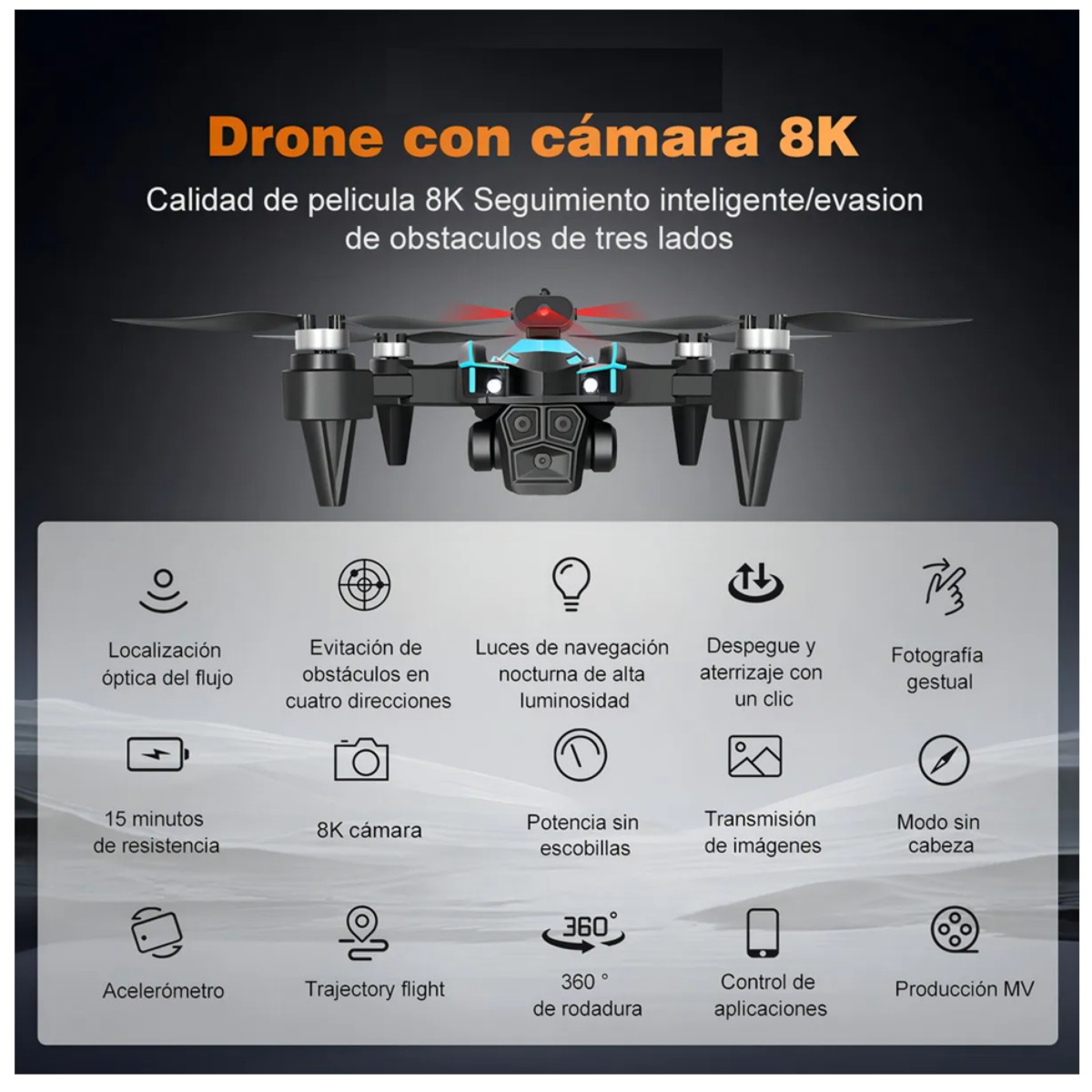Drone Con Dual C&aacute;mara 8k Negro 2.4ghz 3 Bater&iacute;a Negro image number null