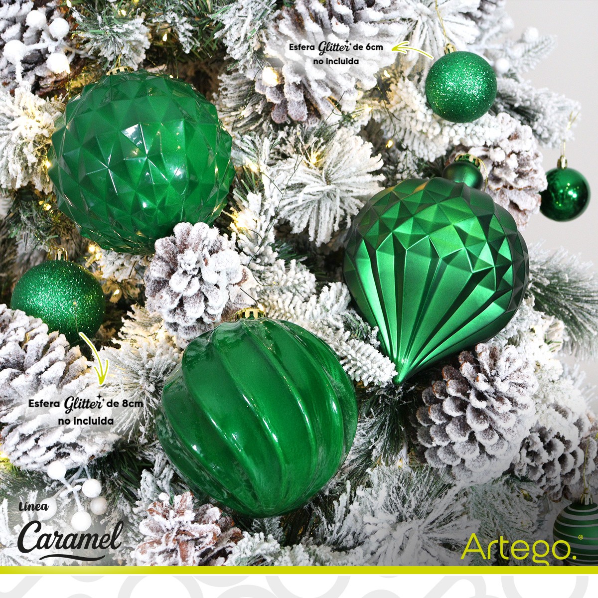 Esferas para &aacute;rbol de navidad Artego extra grandes de 15 cm paq 6 esferas Verde Navidad * L&iacute;nea Caramel 3 texturas image number null