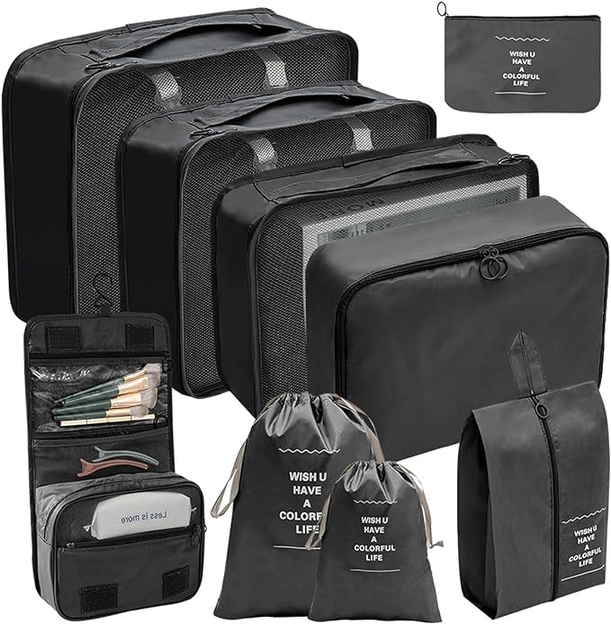 A Cooseon 9pcs Organizadores Viaje Maleta Bolsa Almacenamiento Maleta Packing Cubes Compression Bolsitas Guardar Ropa Maletas Viaje para Ropa Zapatos Lentes Joyeria Brasier Cosm&eacute;ticos Accesorios, Negro. image number null