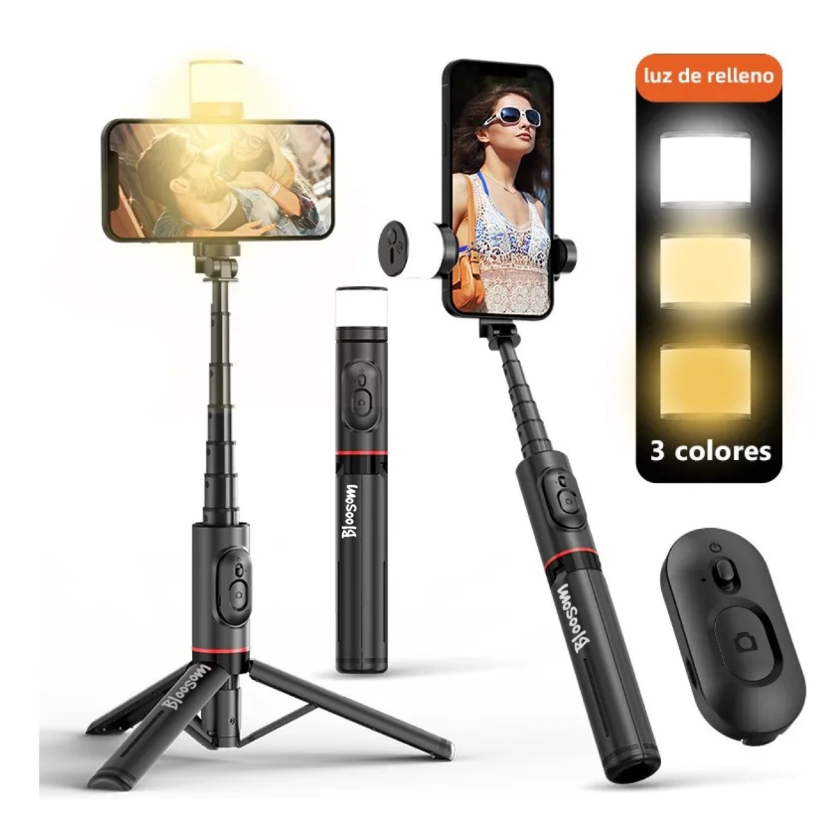 Selfies Stick Con Tripode Bluetooth Control Remoto Led Negro image number null
