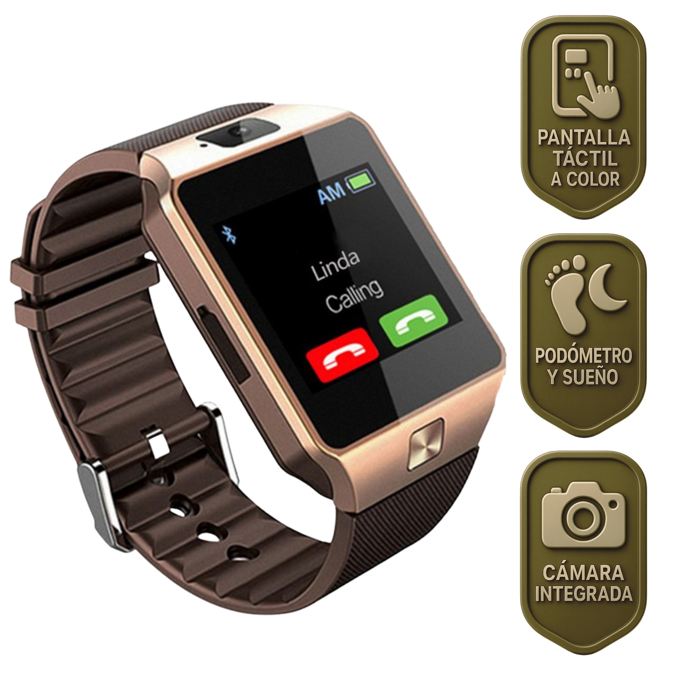 Smartwatch Dz09 Con Bluetooth, C&aacute;mara, Cronometro, Llamadas - Reloj Inteligente Dorado. image number null
