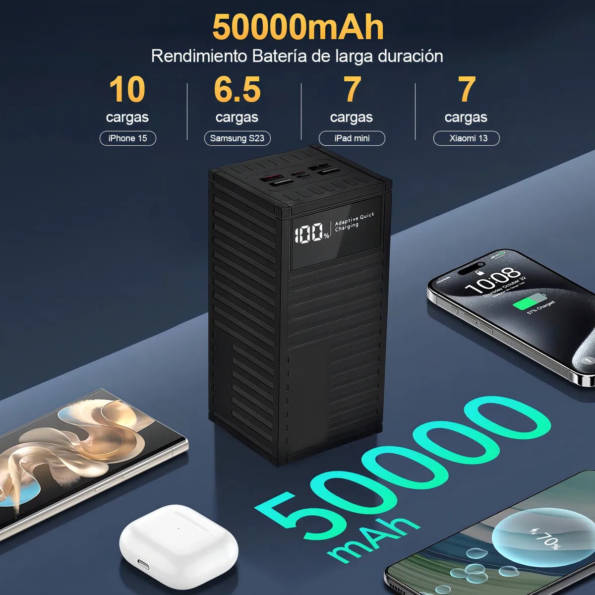 Power 50000mAh Carga R&aacute;pida 5 Puertos Pantalla LED Negro image number null