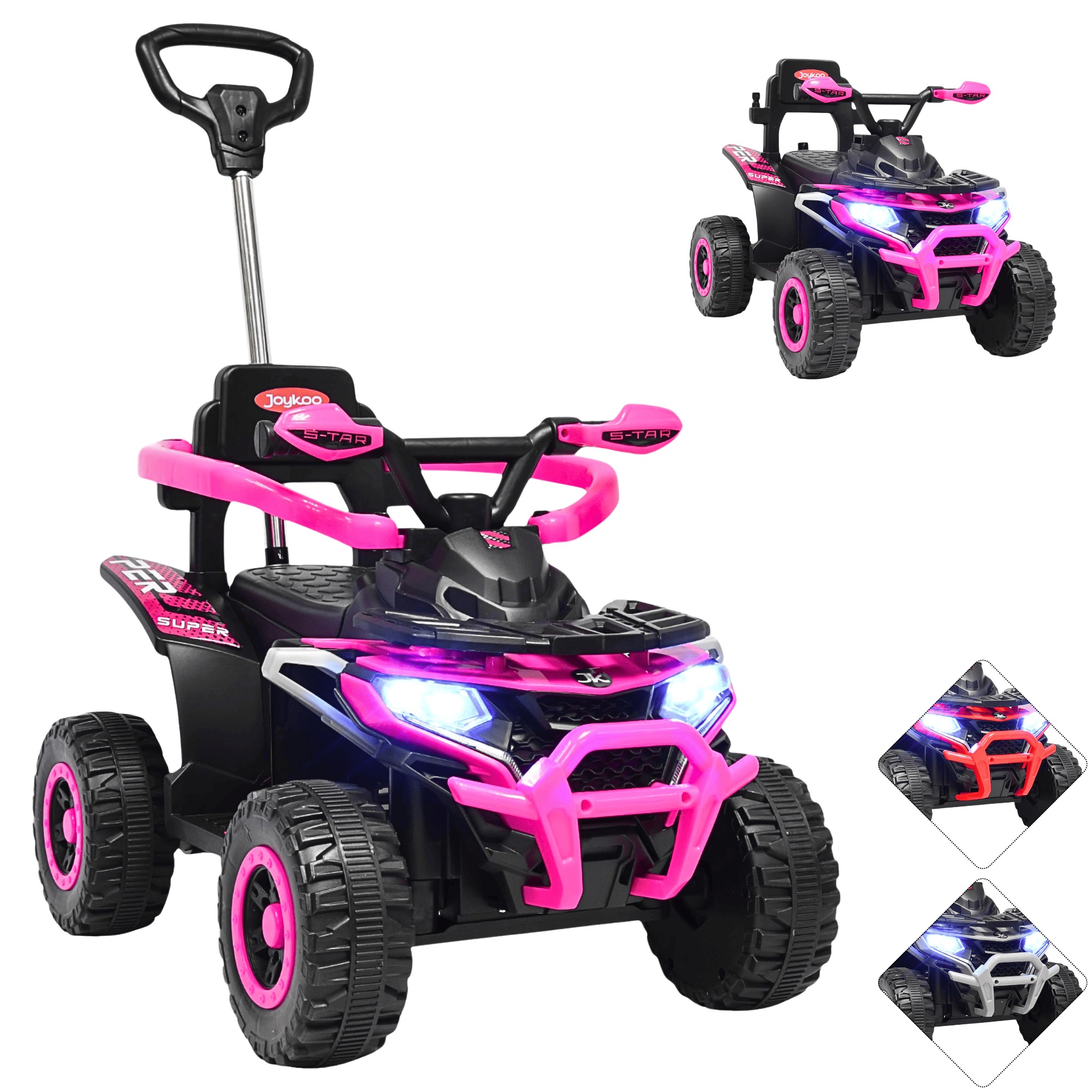 Montable Electrico para Ni&ntilde;os H&iacute;brido con Bast&oacute;n Dirigible Pedal Acelerador Barras de Seguridad Luces Bater&iacute;a 6v - Rosa image number null