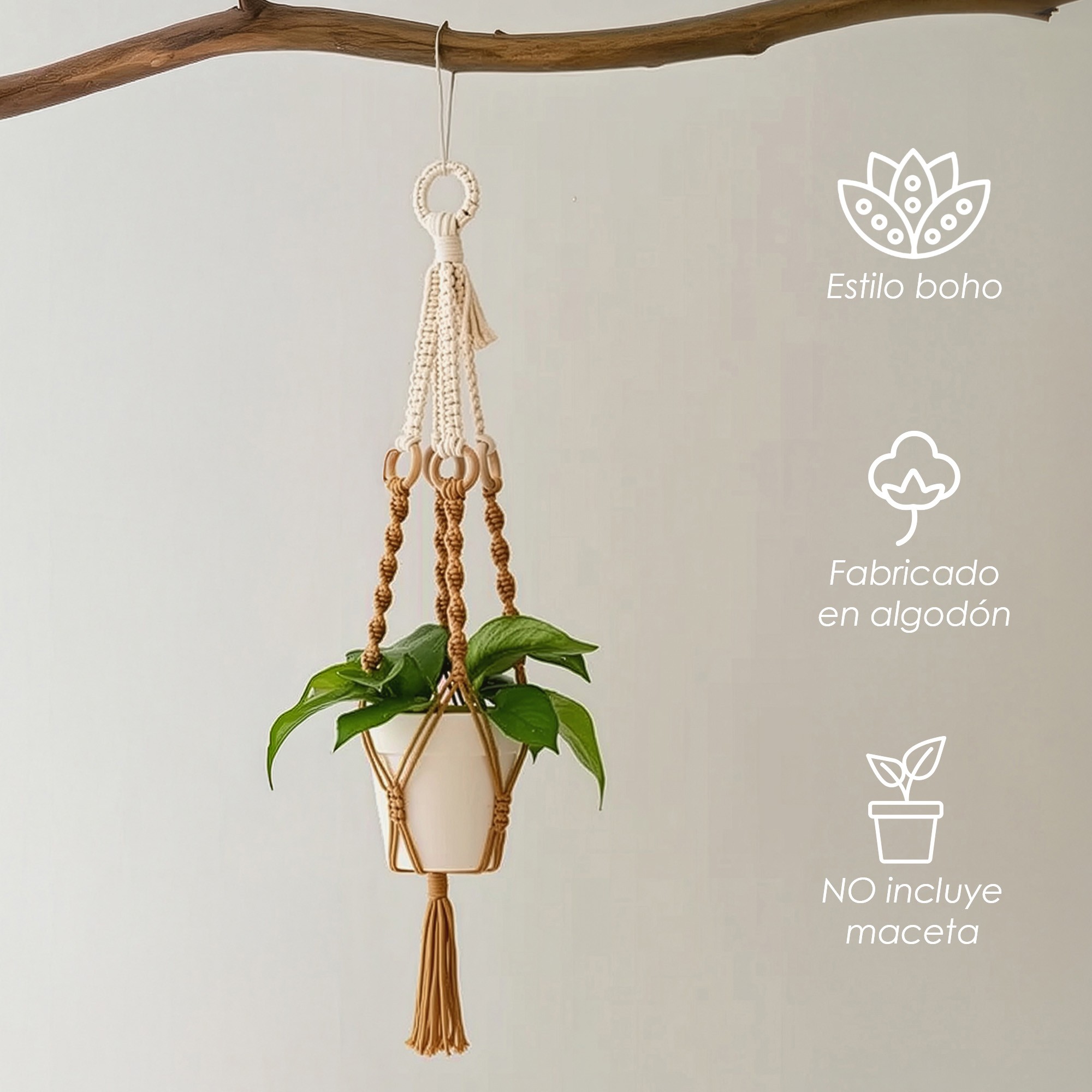 Ilios Innova | Colgante Decorativo Boho Caf&eacute; para Maceta, soporte tejido a mano, para plantas en interior o exterior. image number null