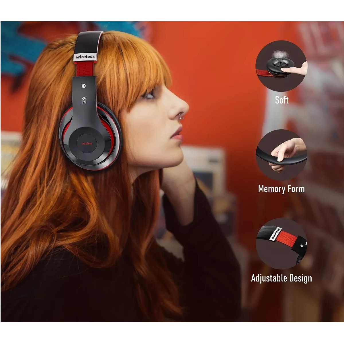 Audifonos Bluetooth Diadema Inal&aacute;mbrico Y Con Cable Com Mic Negro/Rojo. image number null