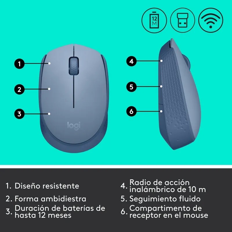 Mouse Ergon&oacute;mico Logitech M170, Inal&aacute;mbrico, &Oacute;ptico, 1.000DPI, RF Inal&aacute;mbrico, Azul image number null