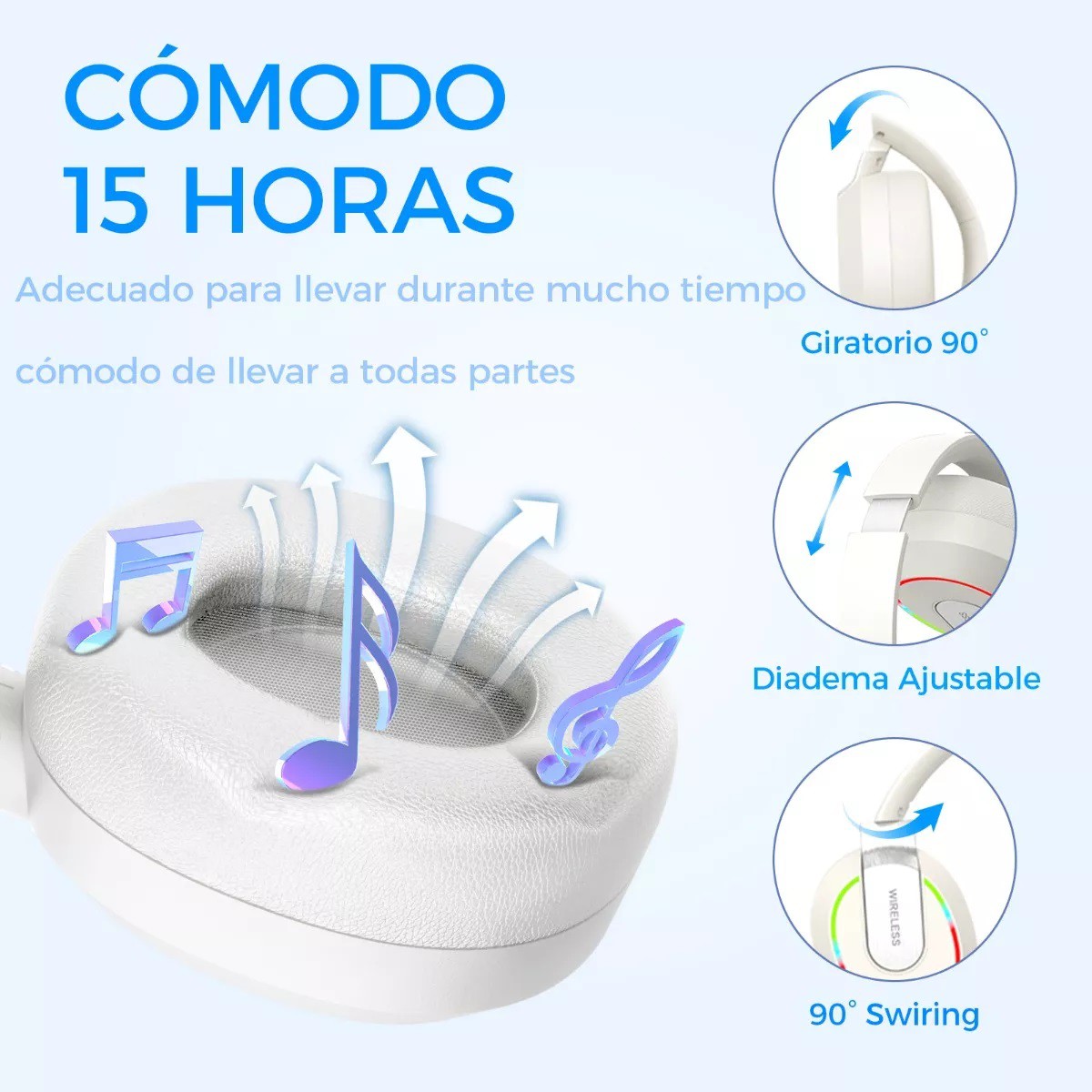 Aud&iacute;fonos Inal&aacute;mbrico Bluetooth Diadema Plegable Con Rgb Luz Blanco. image number null