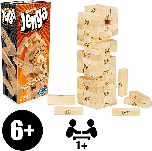 A Hasbro Jenga Juego de Mesa original de bloques de madera para adultos, y ni&ntilde;os y ni&ntilde;as a partir de los 6 a&ntilde;os para 1 o m&aacute;s jugadores. image number null