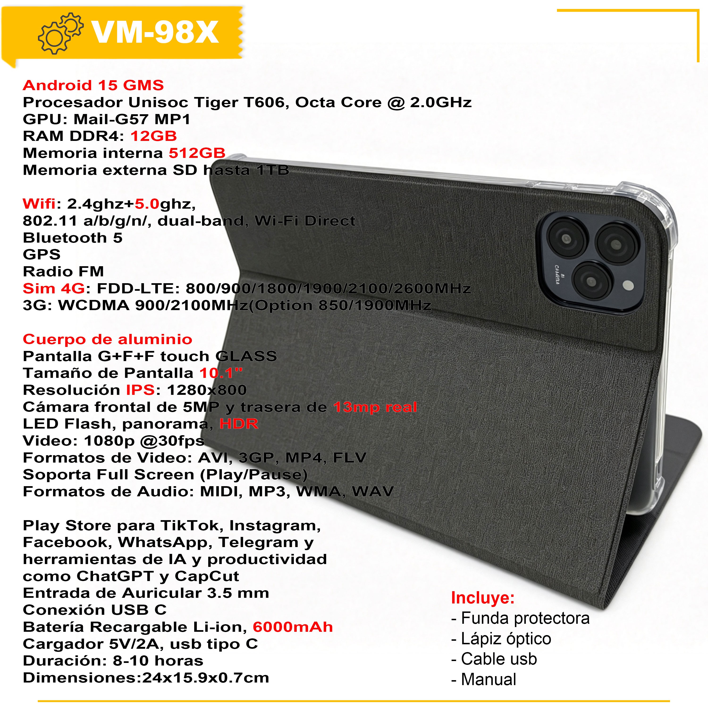 VAK TABLET 98X 10" OCTACORE 12+512 LAPIZ ANDROID CAMARA WIFI image number null