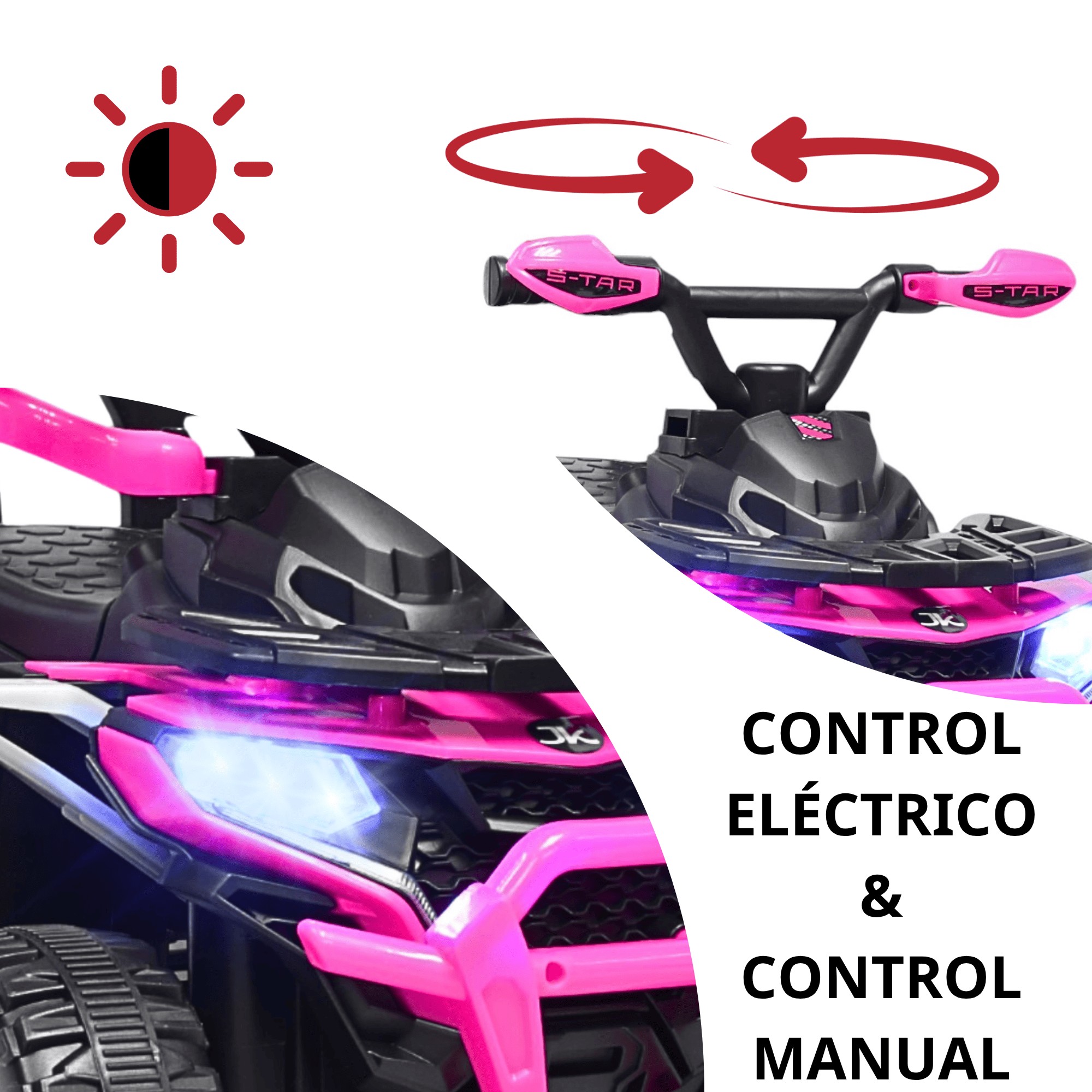 Montable Electrico para Ni&ntilde;os H&iacute;brido con Bast&oacute;n Dirigible Pedal Acelerador Barras de Seguridad Luces Bater&iacute;a 6v - Rosa image number null