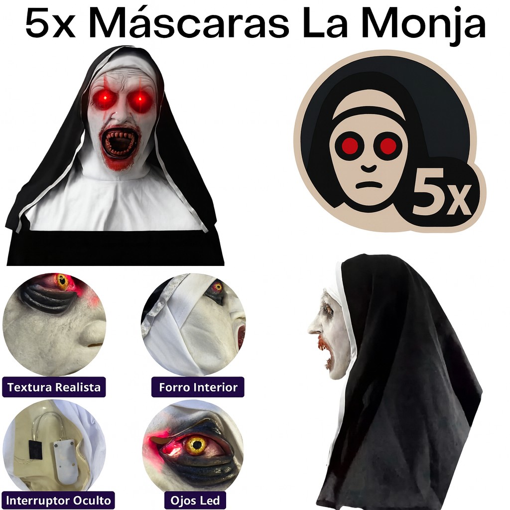 Kit 5 Mascaras La Monja L&aacute;tex Realista con Ojos LED Halloween Adulto Pilas Incluidas Talla &Uacute;nica image number null