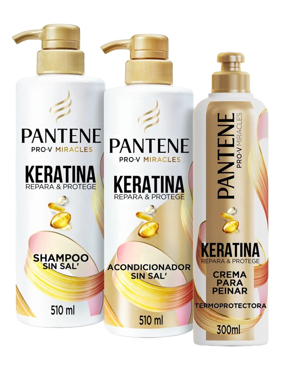 Kit Pantene Keratina Pro-V Miracles, Shampoo, Acondicionador para Cabello y Crema para Peinar, Repara e Protege, 1320ml image number null