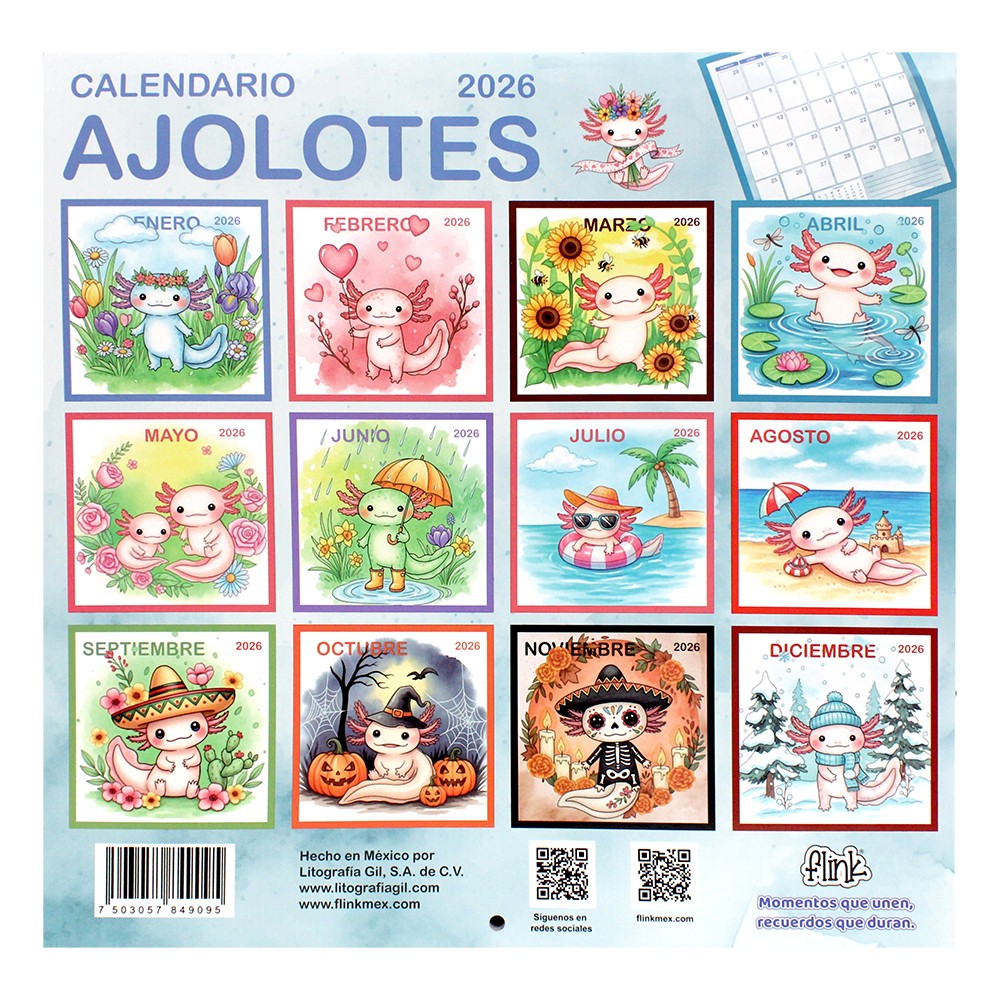 Calendario Planeador Pared 2026 Ajolotes Flink Grande Espacio Notas Dise&ntilde;o mexicano image number null