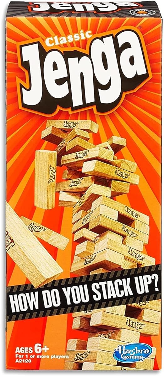A Hasbro Jenga Juego de Mesa original de bloques de madera para adultos, y ni&ntilde;os y ni&ntilde;as a partir de los 6 a&ntilde;os para 1 o m&aacute;s jugadores. image number null