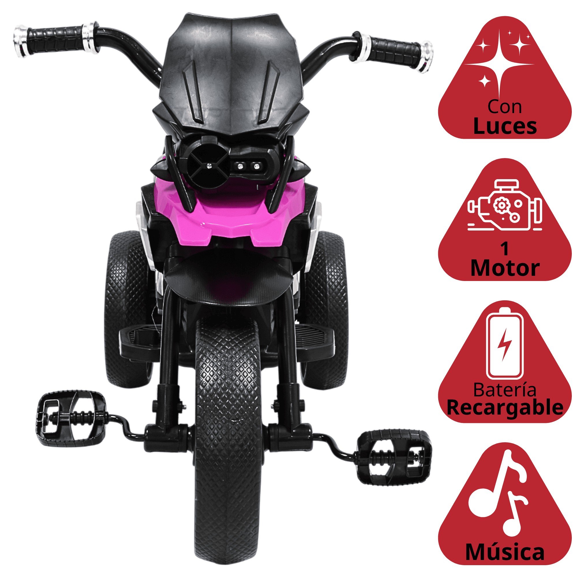 Moto Montable El&eacute;ctrica para Ni&ntilde;os Triciclo H&iacute;brido con Luces y Sonido Recargable 6v Soporta hasta 30 kg - Rosa image number null