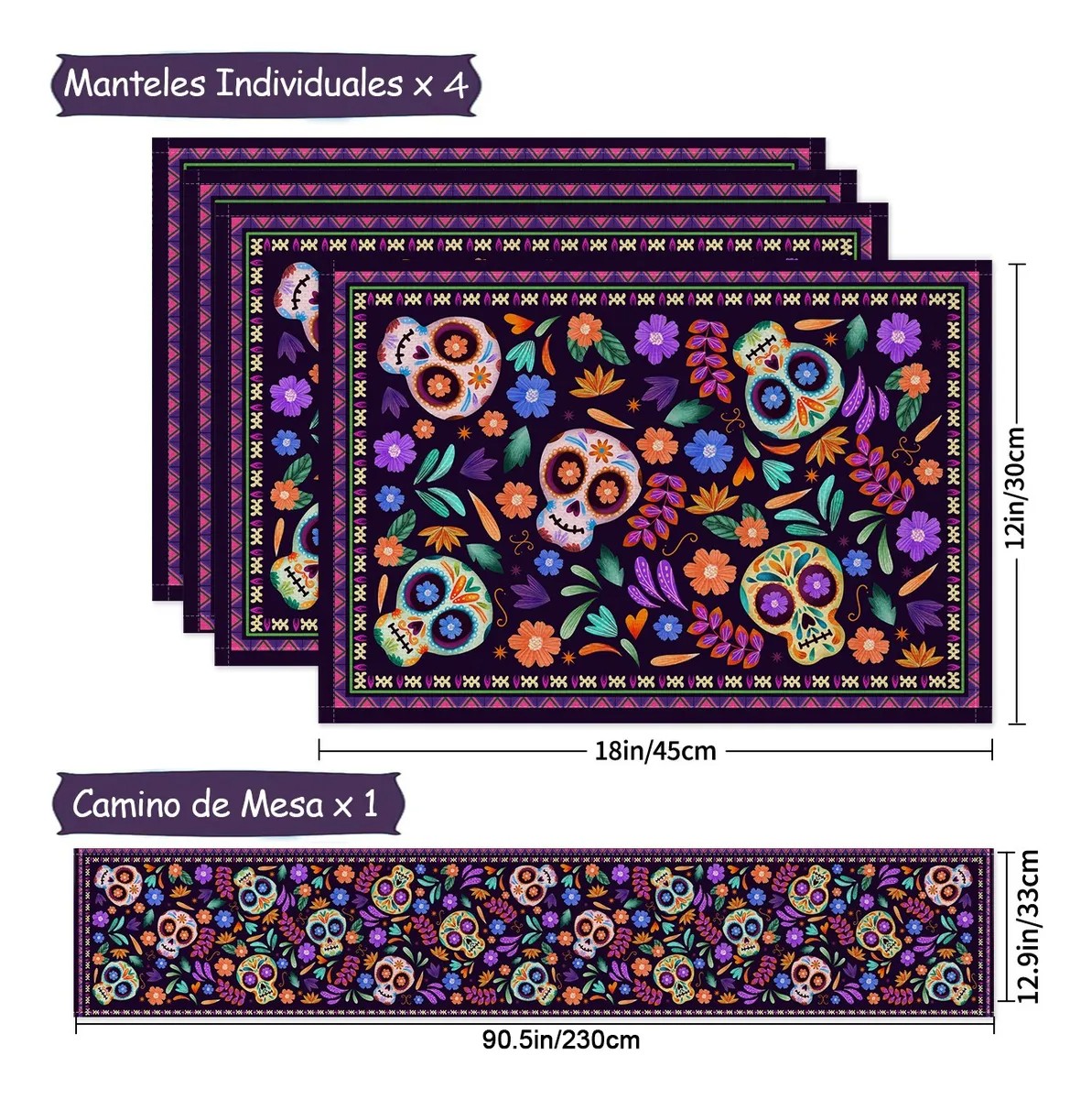 Camino De Mesa De D&iacute;a De Muertos + 4 Manteles Individuales image number null