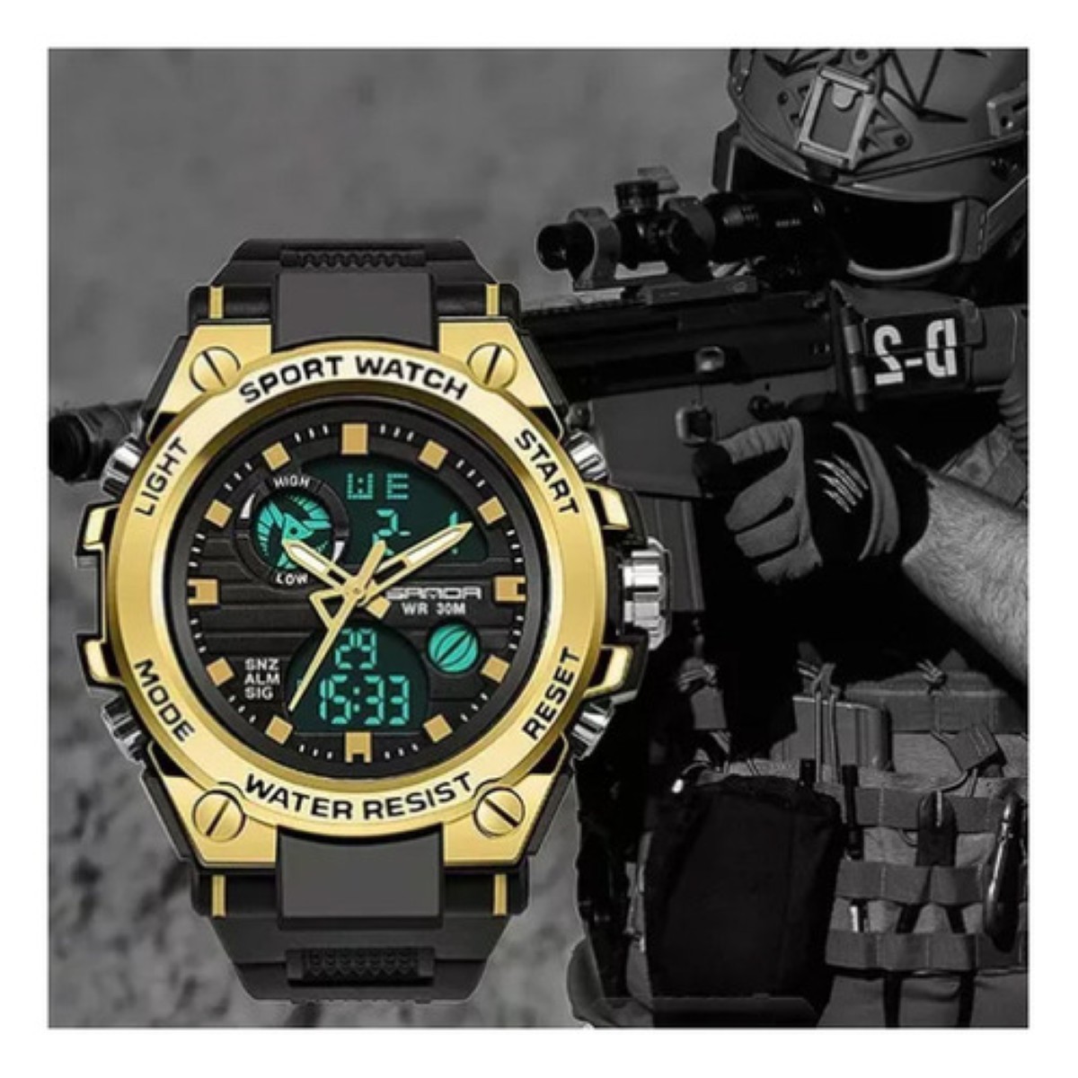"Reloj De Pulsera T&aacute;ctico Militar Impermeable Para Hombre negro dorado " image number null