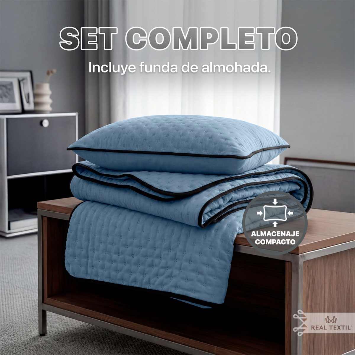 Edred&oacute;n Ligero Individual Doble Vista con Fundas Azul Medio REAL TEXTIL image number null
