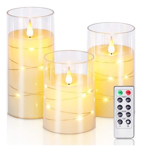 3pz Velas Led Grande Flama Realista Vaso De Cristal Remoto image number null