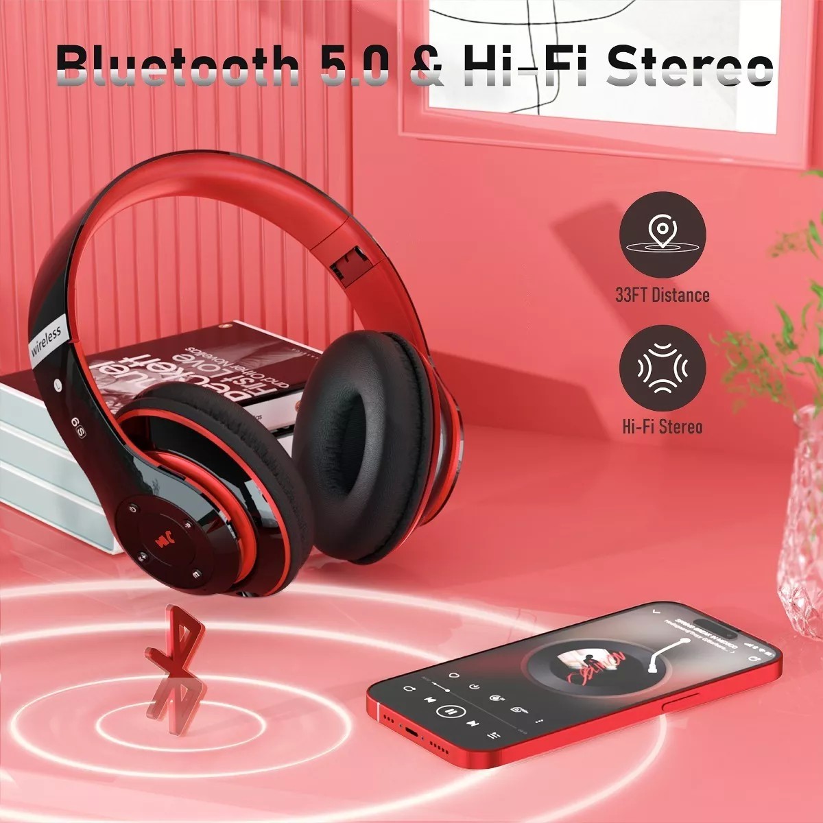 Audifonos Bluetooth Diadema Inal&aacute;mbrico Y Con Cable Com Mic Negro/Rojo. image number null