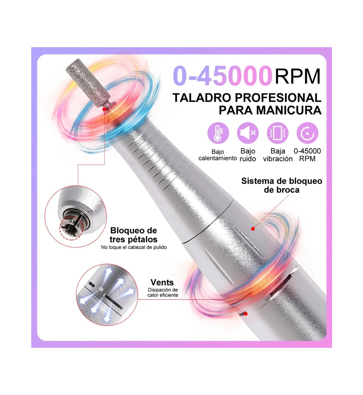 Pulidor De U&ntilde;as Esmeril Profesional Drill Port&aacute;til 45000 Rpm Rosa Tornasol Bloosom image number null