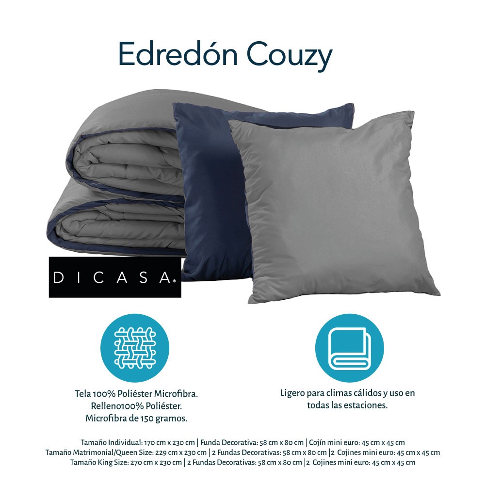 Edred&oacute;n Individual Dicasa Couzy Azul Marino con Gris, S&aacute;banas Royal Gris, Protector Lux y Almohada Royal image number null