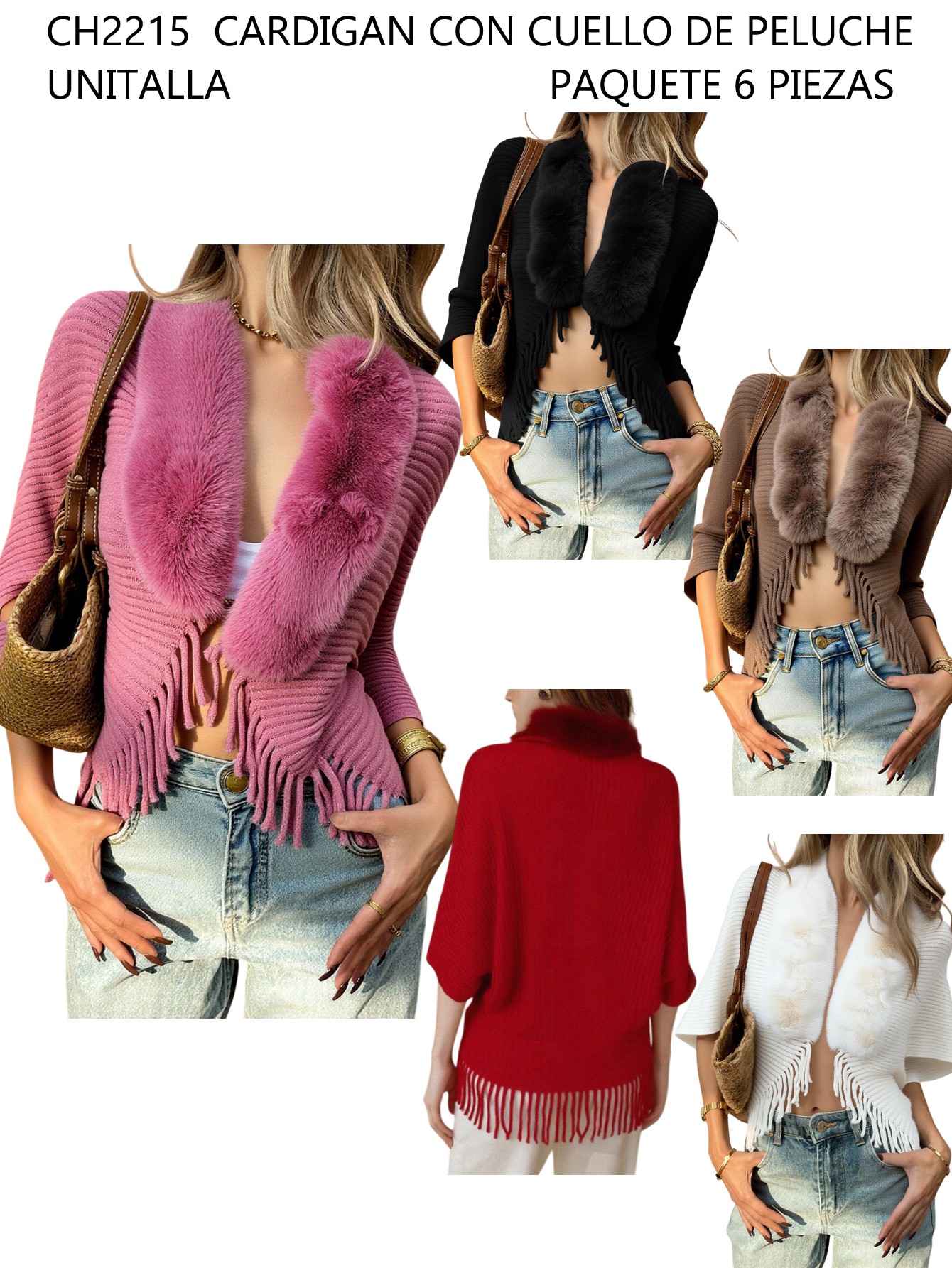 PAQUETE 6 PIEZAS CARDIGAN CON CUELLO DE PELUCHE Y FLECOS image number null