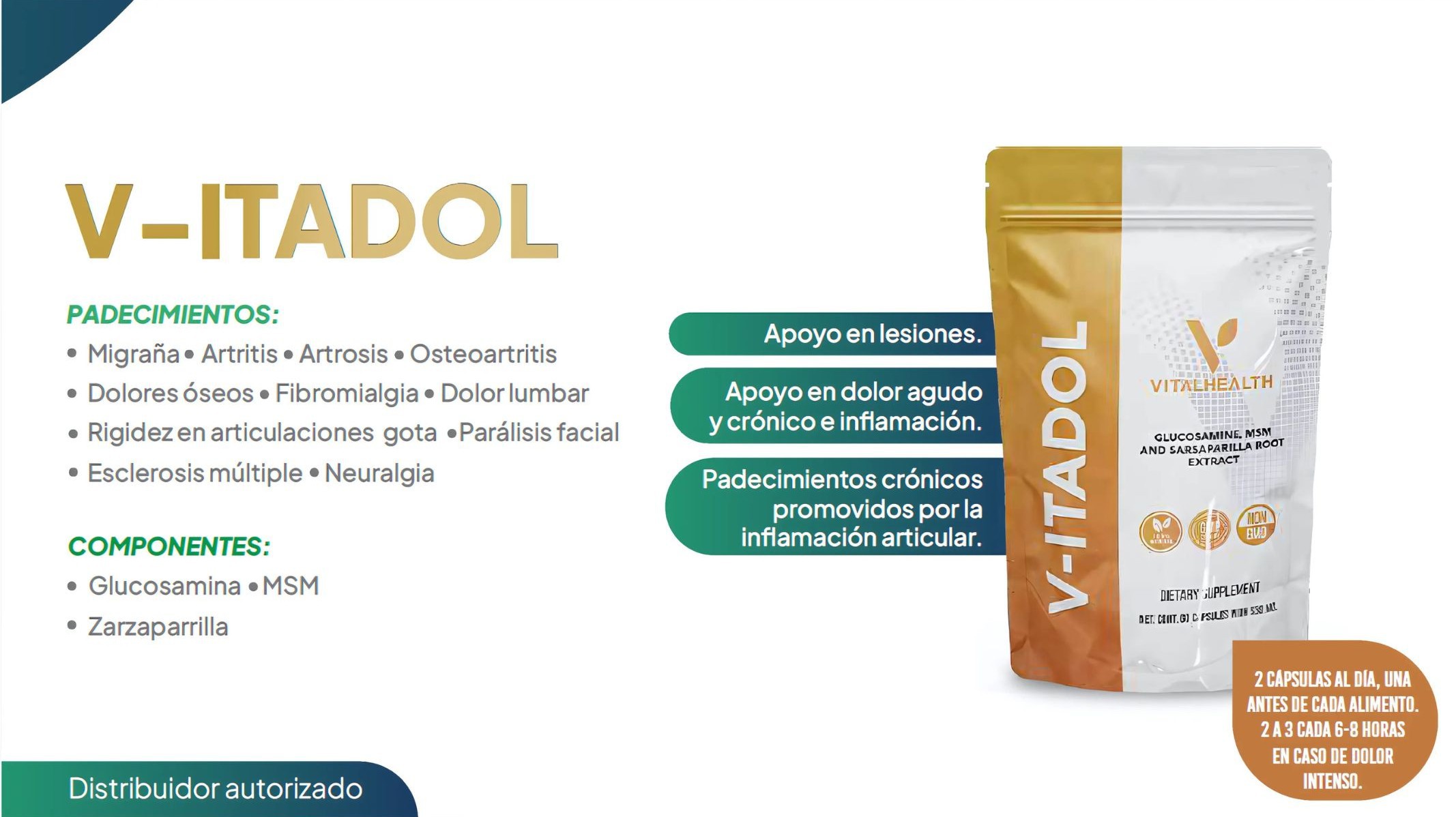 VITADOL VitalHealth | Suplemento Natural para Articulaciones y M&uacute;sculos | 60 C&aacute;psulas con Glucosamina MSM Zarzaparrilla image number null