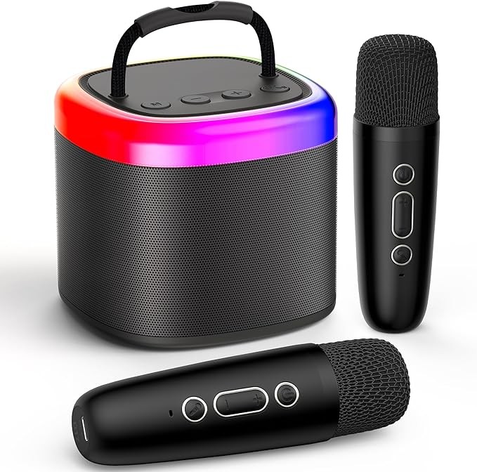 A JYX Mini M&aacute;quina de Karaoke, Portable Bluetooth Karaoke Speaker Unpowered Cabinets with 2 Wireless Microphones and Party Lights for Kids and Adults, Birthday Gifts for Girls Boys Family Home Party. image number null