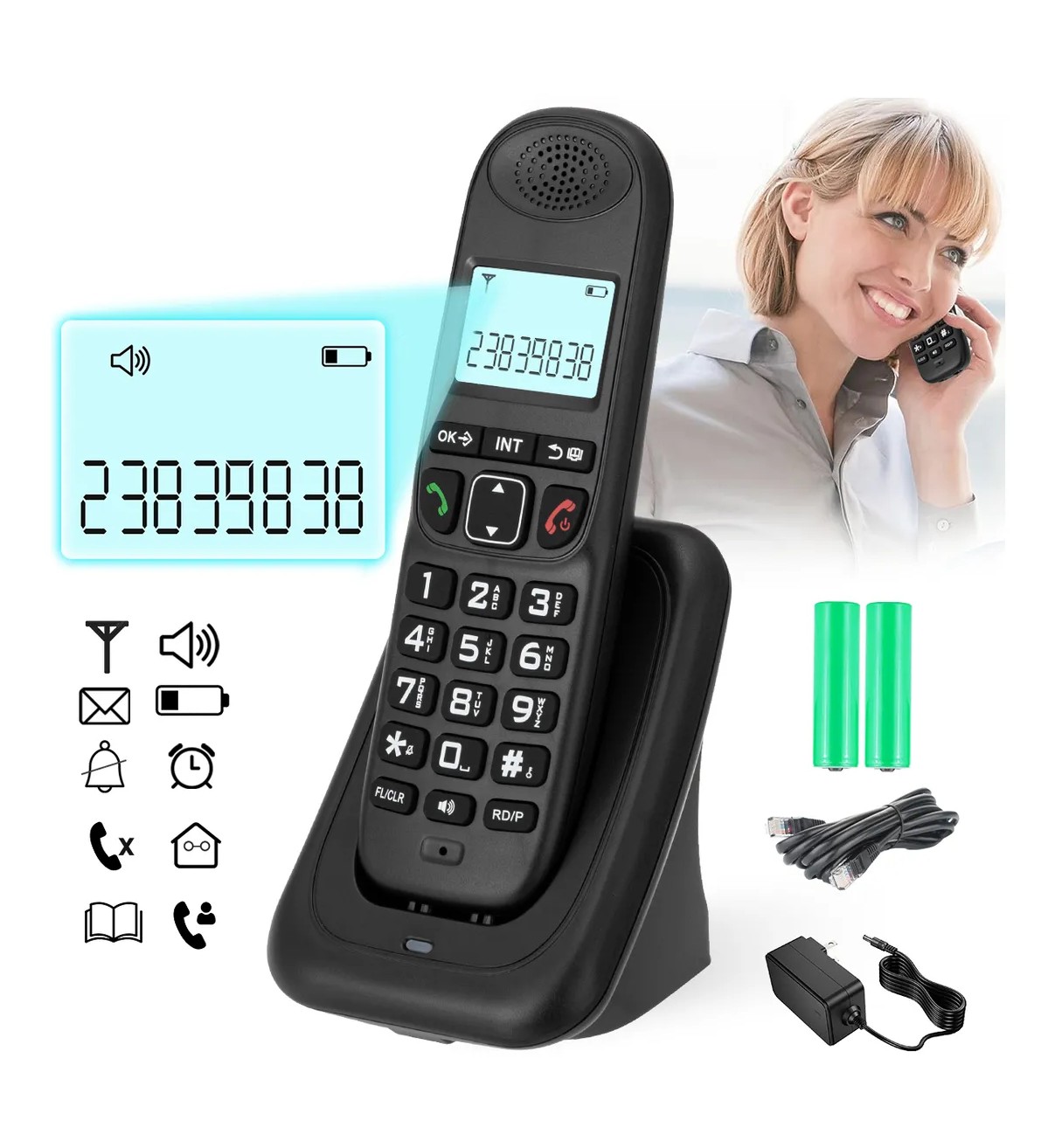 Tel&eacute;fono Inal&aacute;mbrico Malubero Fijo Moderno Con Lcd Para Casa Oficina Negro image number null