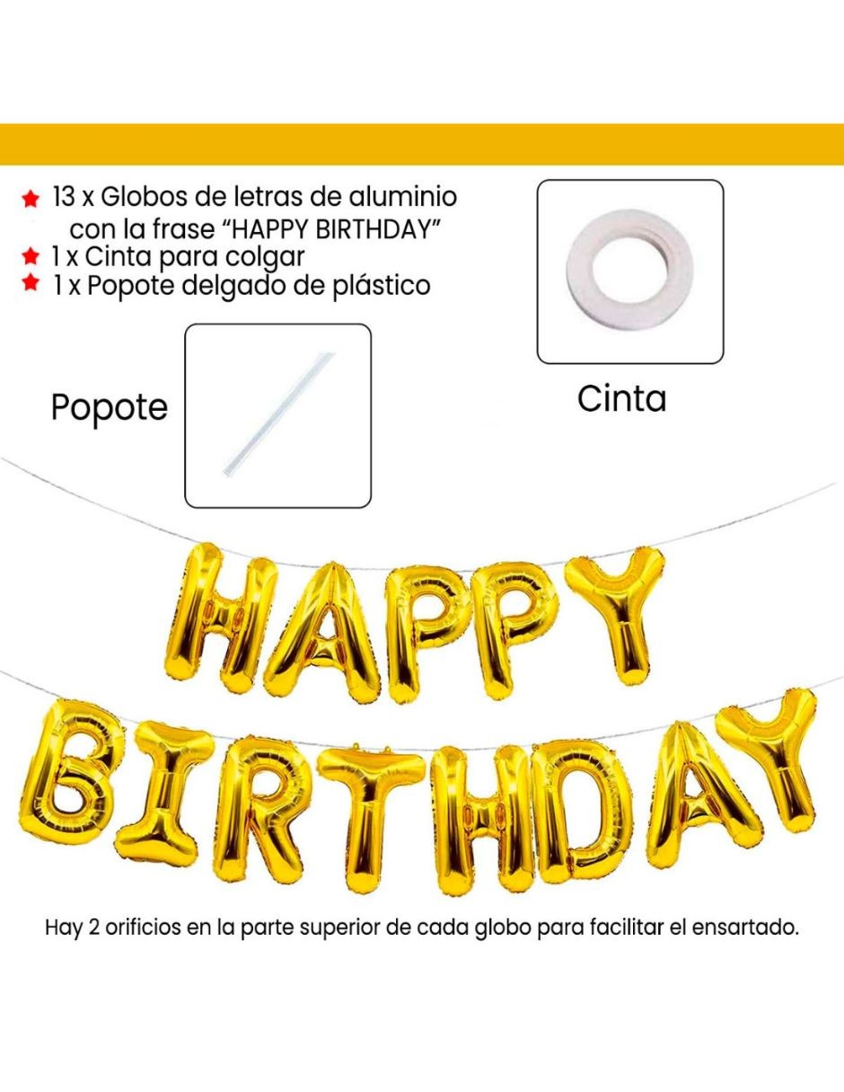 Globos Met&aacute;licos "Happy Birthday" Dorado Decoraci&oacute;n Fiesta image number null