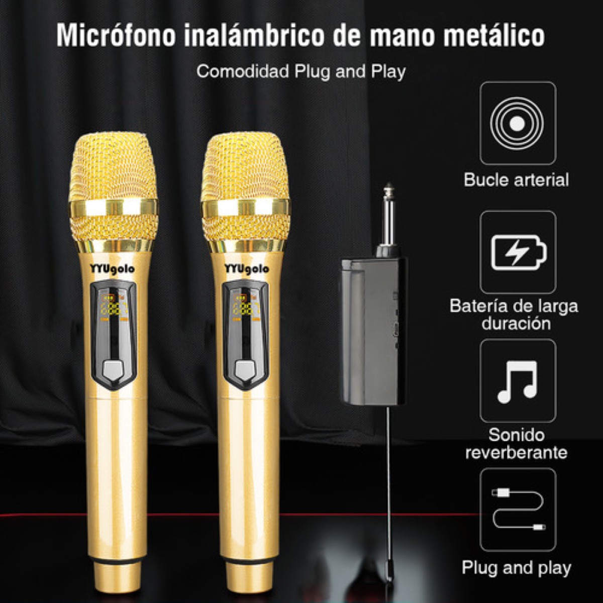 "YYUgolo MIC 402 Micr&oacute;fono Inal&aacute;mbrico Profesional Karaoke Kit 2pcs Color Oro " image number null