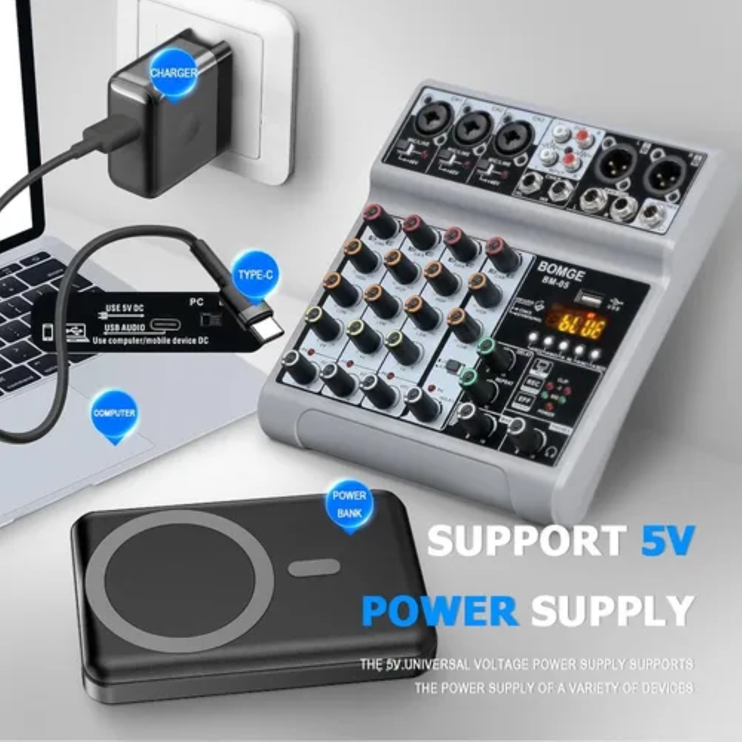 Mezcladora 5canal Para Grabar En Pc Con Bluetooth Usb blanco image number null