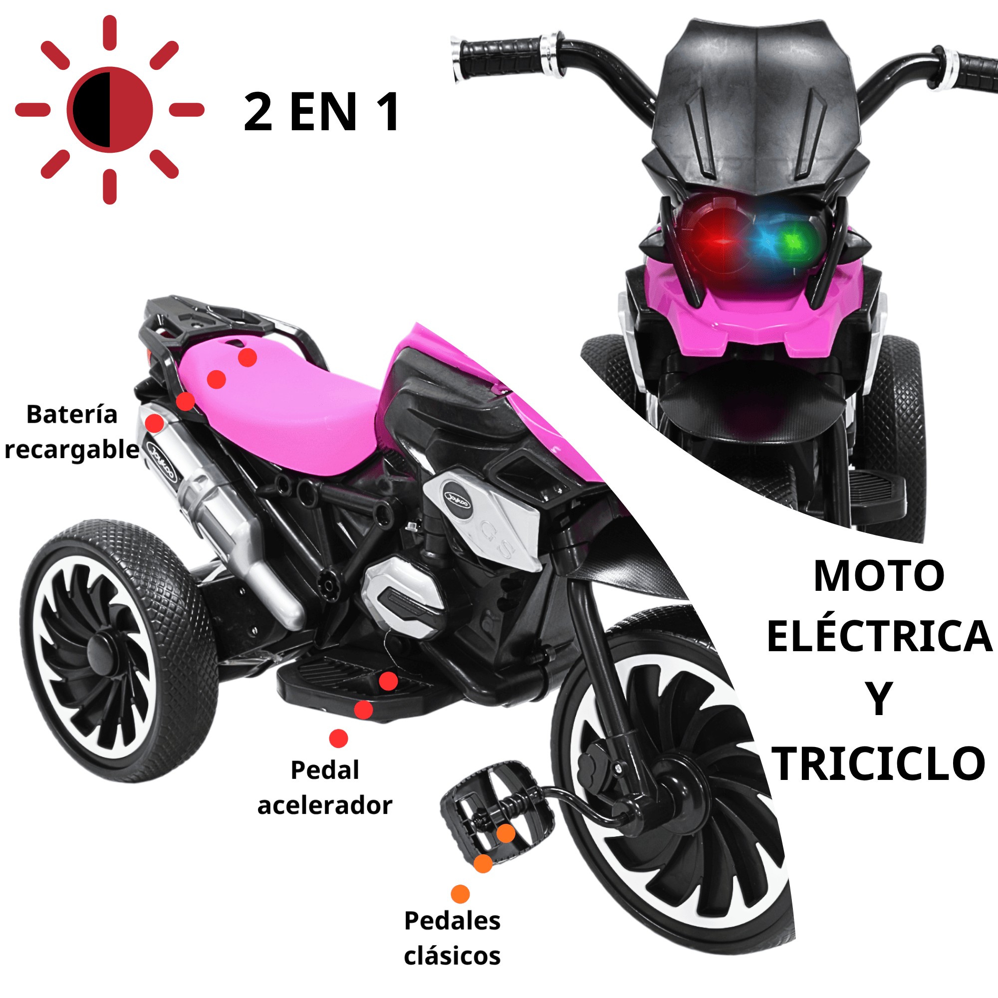 Moto Montable El&eacute;ctrica para Ni&ntilde;os Triciclo H&iacute;brido con Luces y Sonido Recargable 6v Soporta hasta 30 kg - Rosa image number null