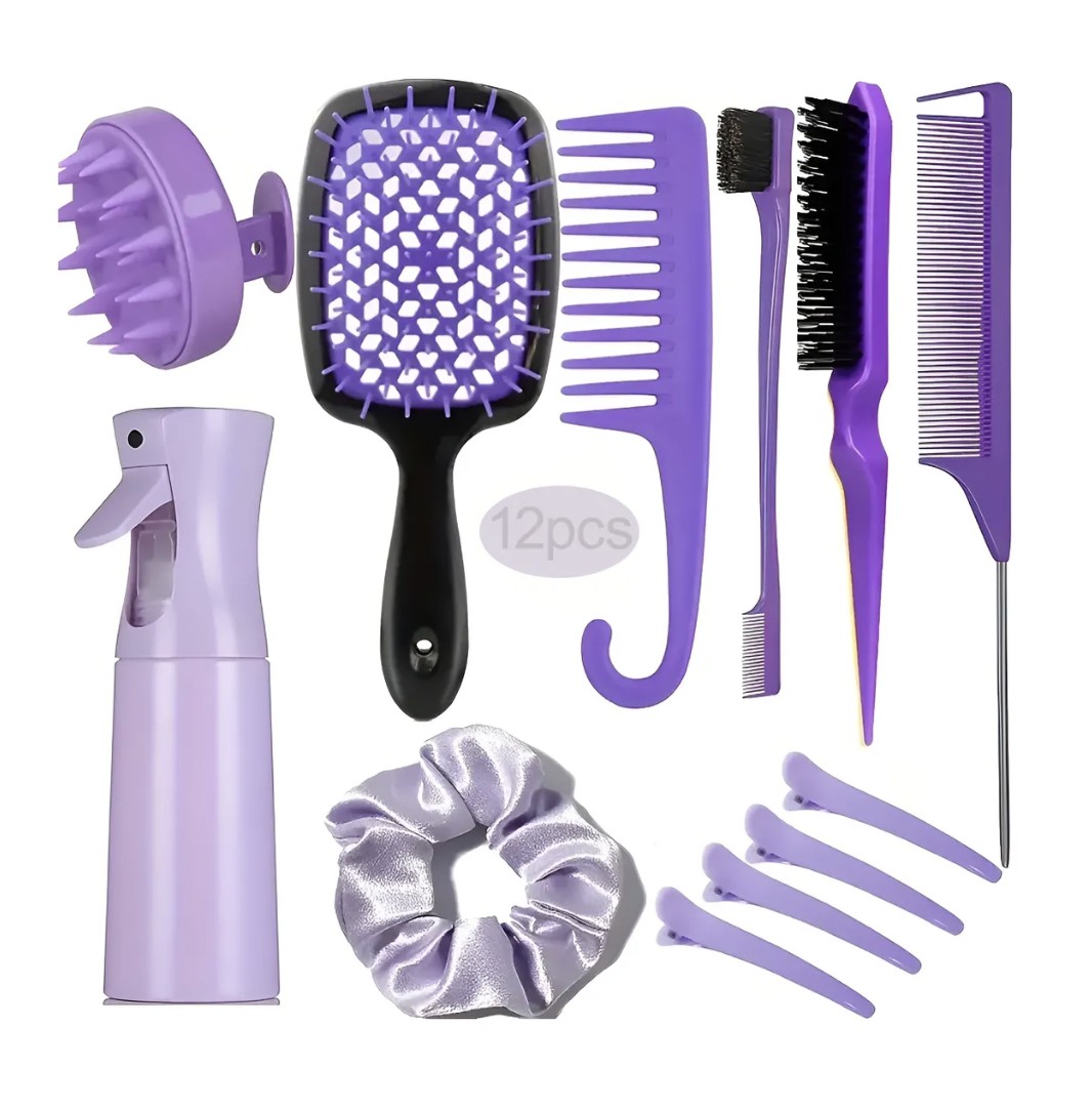 Kit 12pz Peine De Masaje De Cepillo Adecuado Cabello Rizad LILA image number null