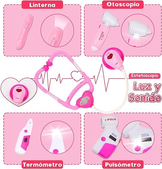 M KITCHEN CHOICE Juego de Doctor para Ni&ntilde;os,41Pcs Kit de Doctora Juguetes para Nina,Doctora Juguetes con Luz y Sonido Incluir Estetoscopio,Bata de Laboratorio,Regalos para Ni&ntilde;o y Ni&ntilde;a de 3+ A&ntilde;os(Rosa). image number null