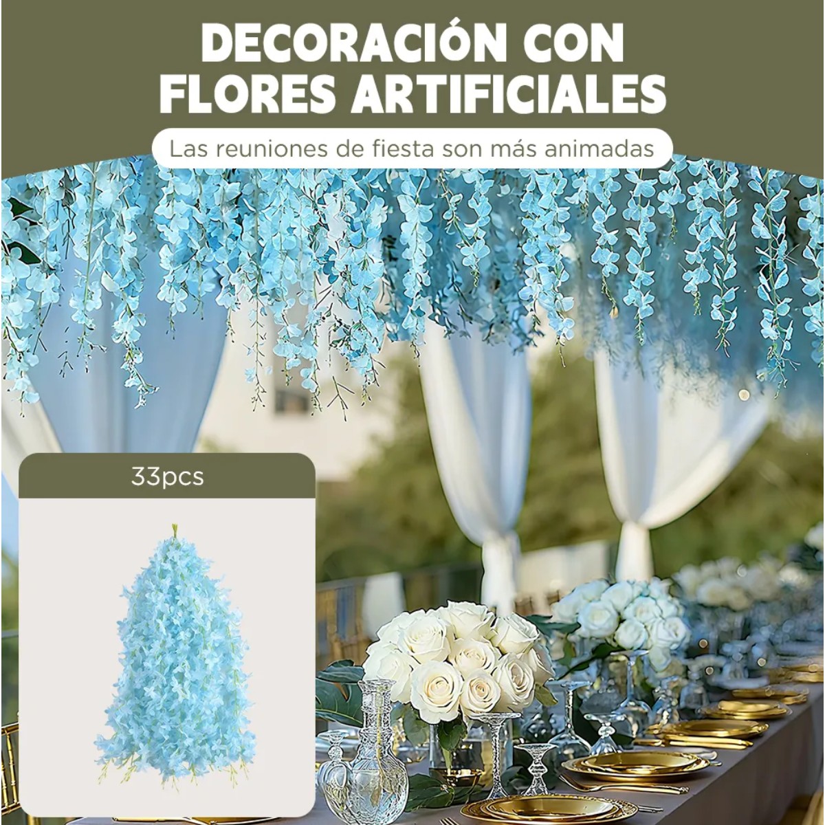 33pcs Flores Artificiales Decoraci&oacute;n Bodas Fiestas Hogar Celeste image number null