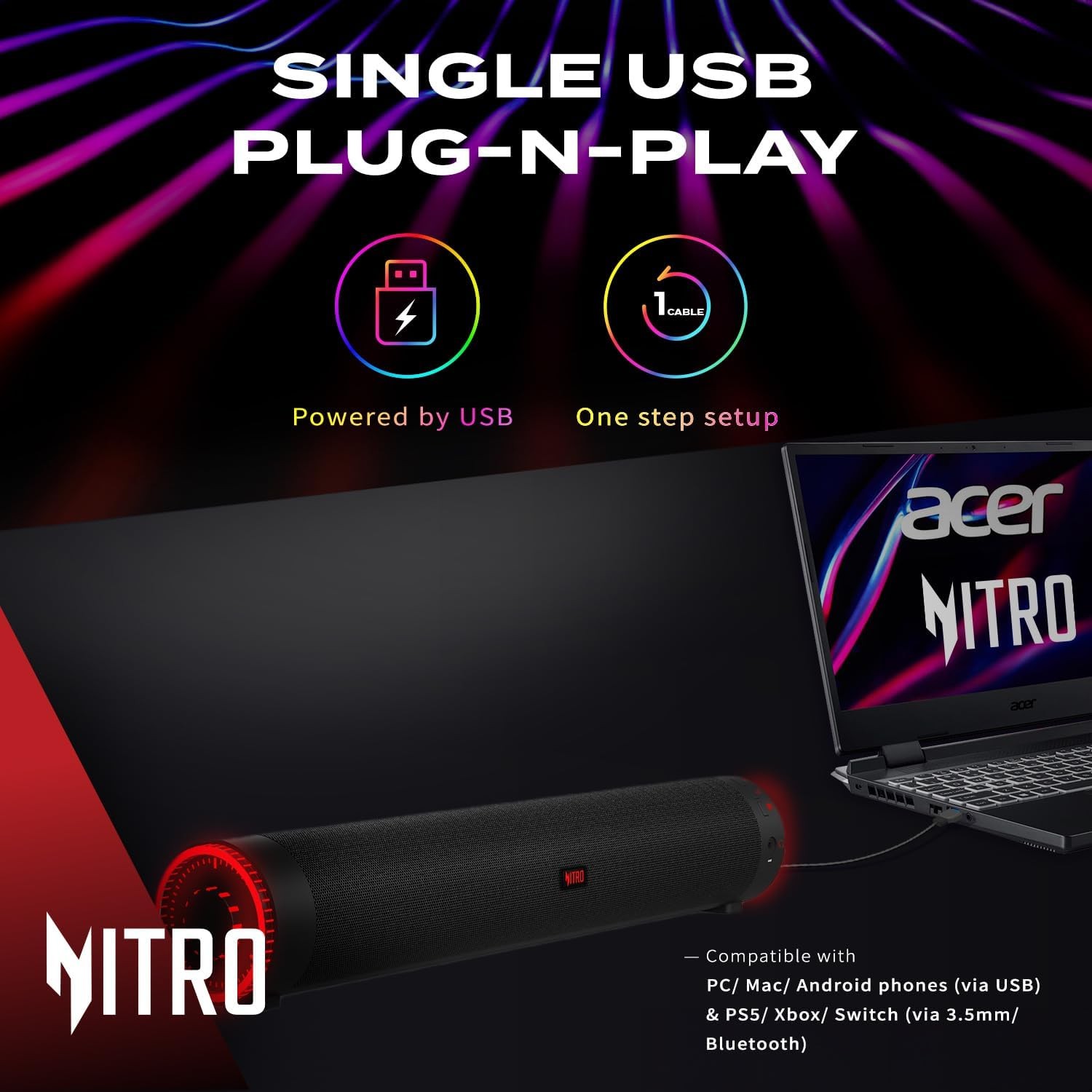 Barra de Sonido Gamer Acer Nitro Bluetooth USB RGB para PC Laptop Consolas image number null