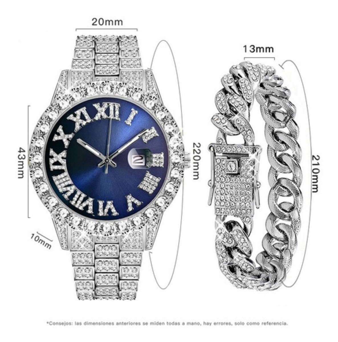 "Reloj De Pulsera De Lujo Con Diamantes Y Brazalete, Unisex Azul Plata " image number null