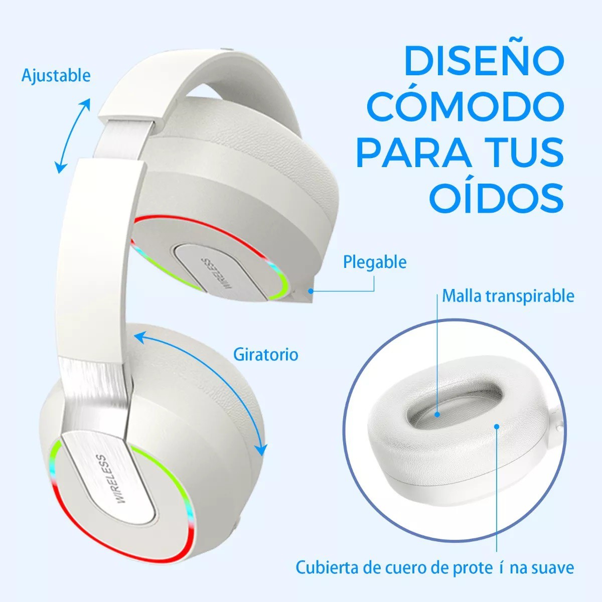 Aud&iacute;fonos Inal&aacute;mbrico Bluetooth Diadema Plegable Con Rgb Luz Blanco. image number null