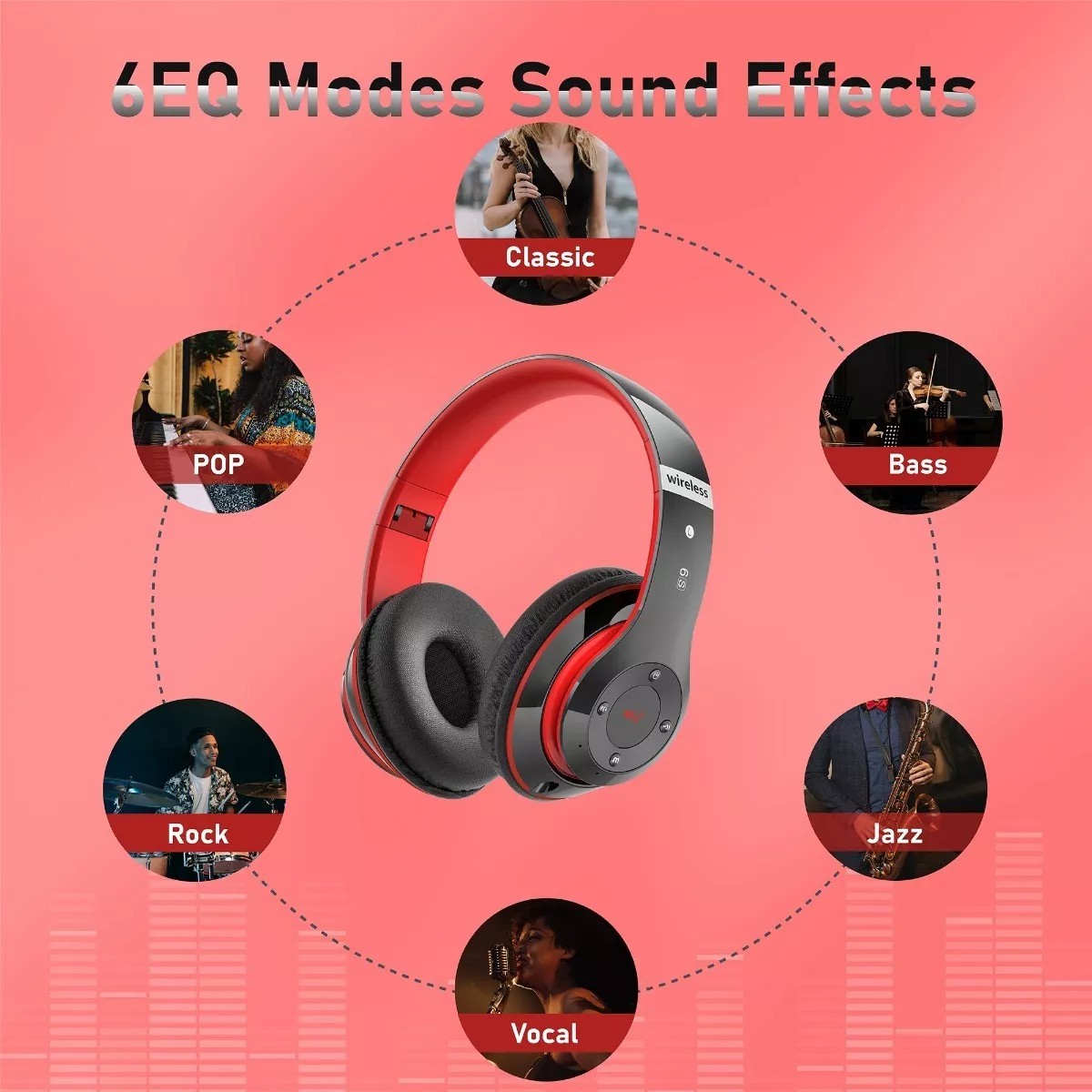 Audifonos Bluetooth Diadema Inal&aacute;mbrico Y Con Cable Com Mic Negro/Rojo. image number null