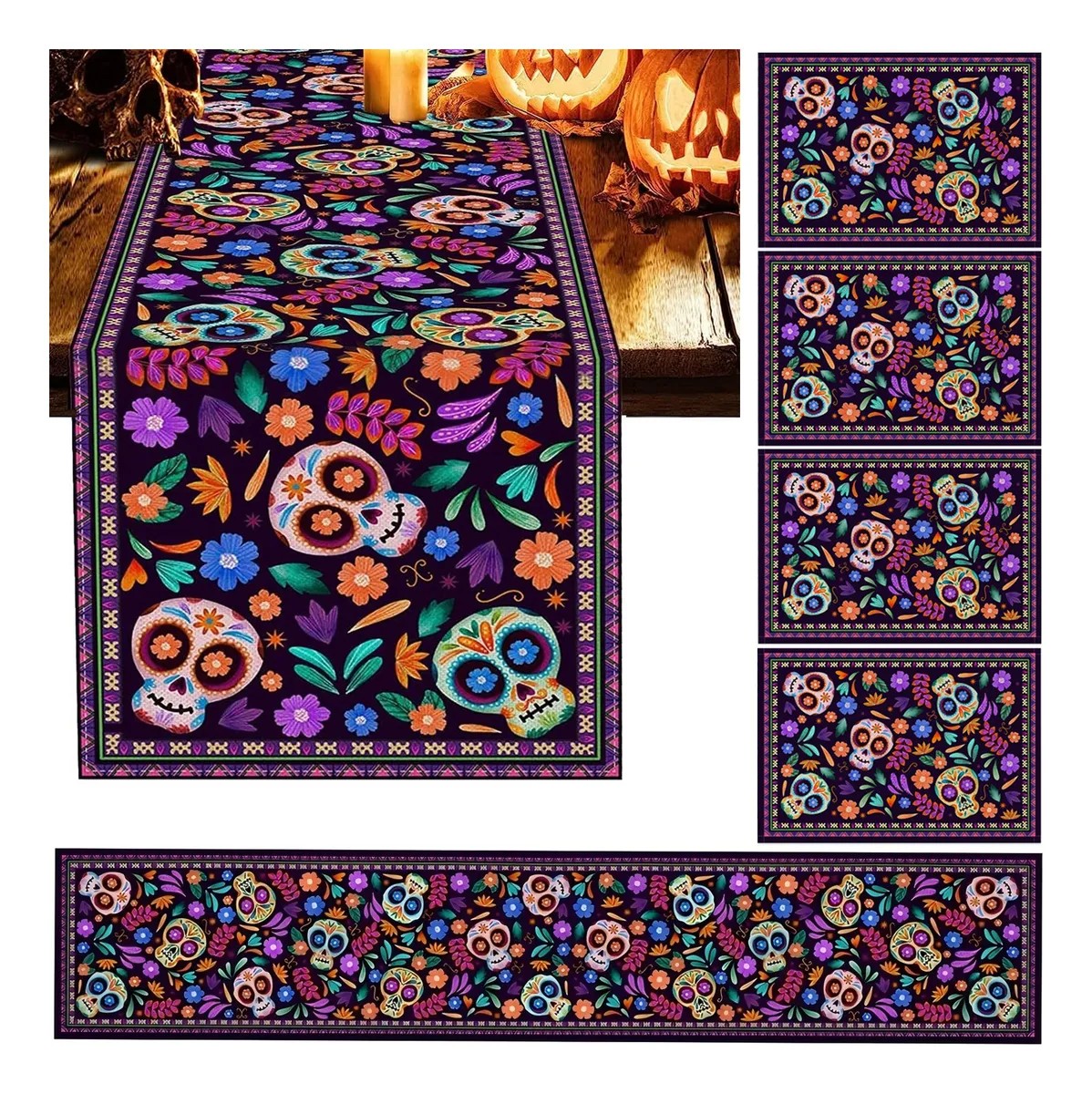 Camino De Mesa De D&iacute;a De Muertos + 4 Manteles Individuales image number null