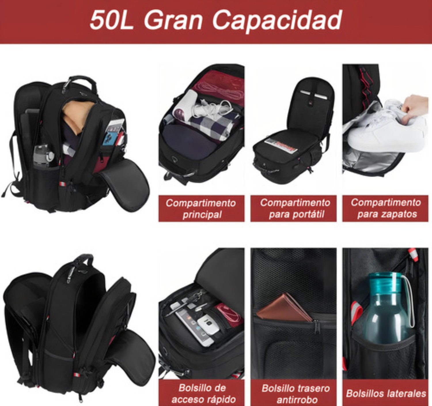 Mochila Gym Con Compartimento Para Zapatos Negro image number null