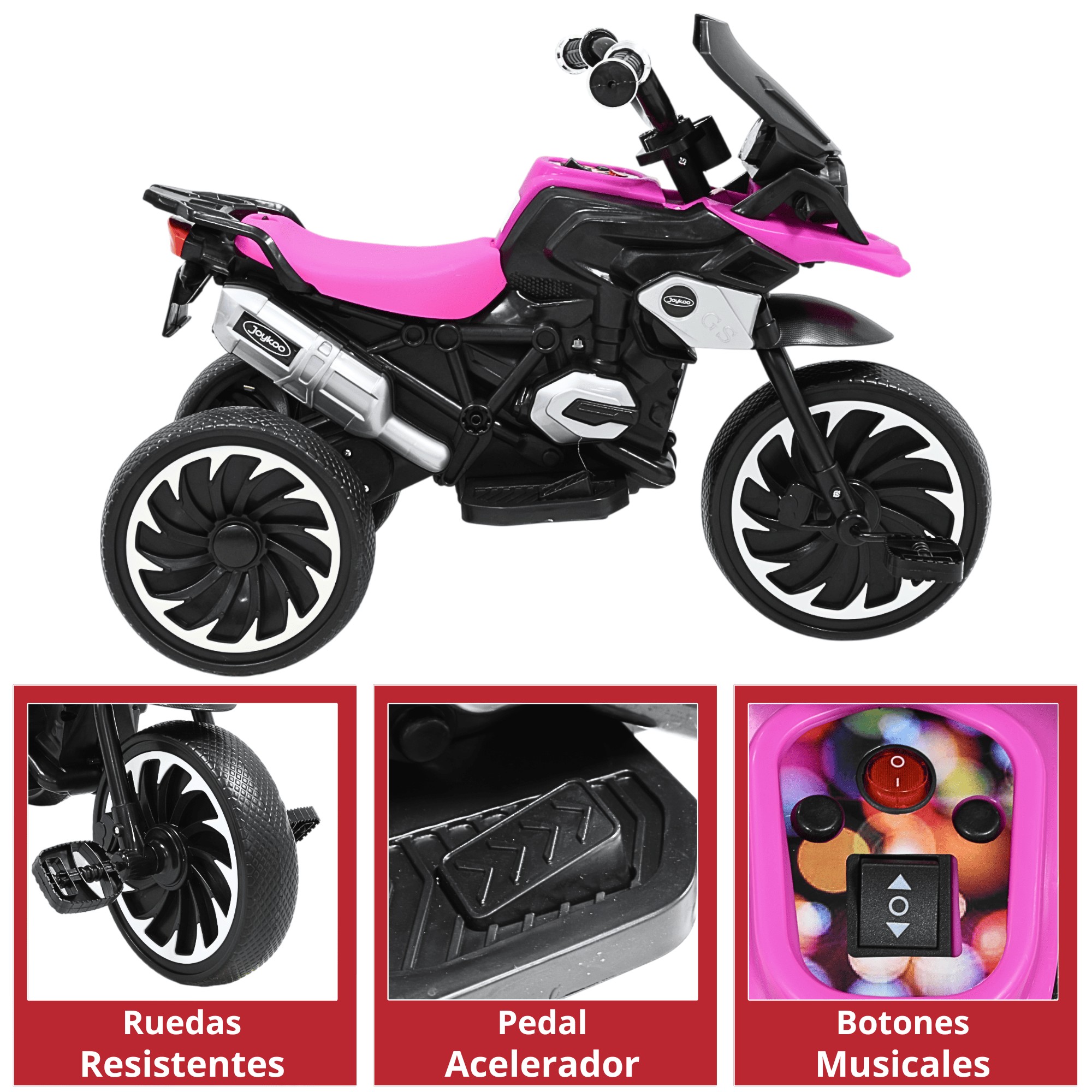 Moto Montable El&eacute;ctrica para Ni&ntilde;os Triciclo H&iacute;brido con Luces y Sonido Recargable 6v Soporta hasta 30 kg - Rosa image number null