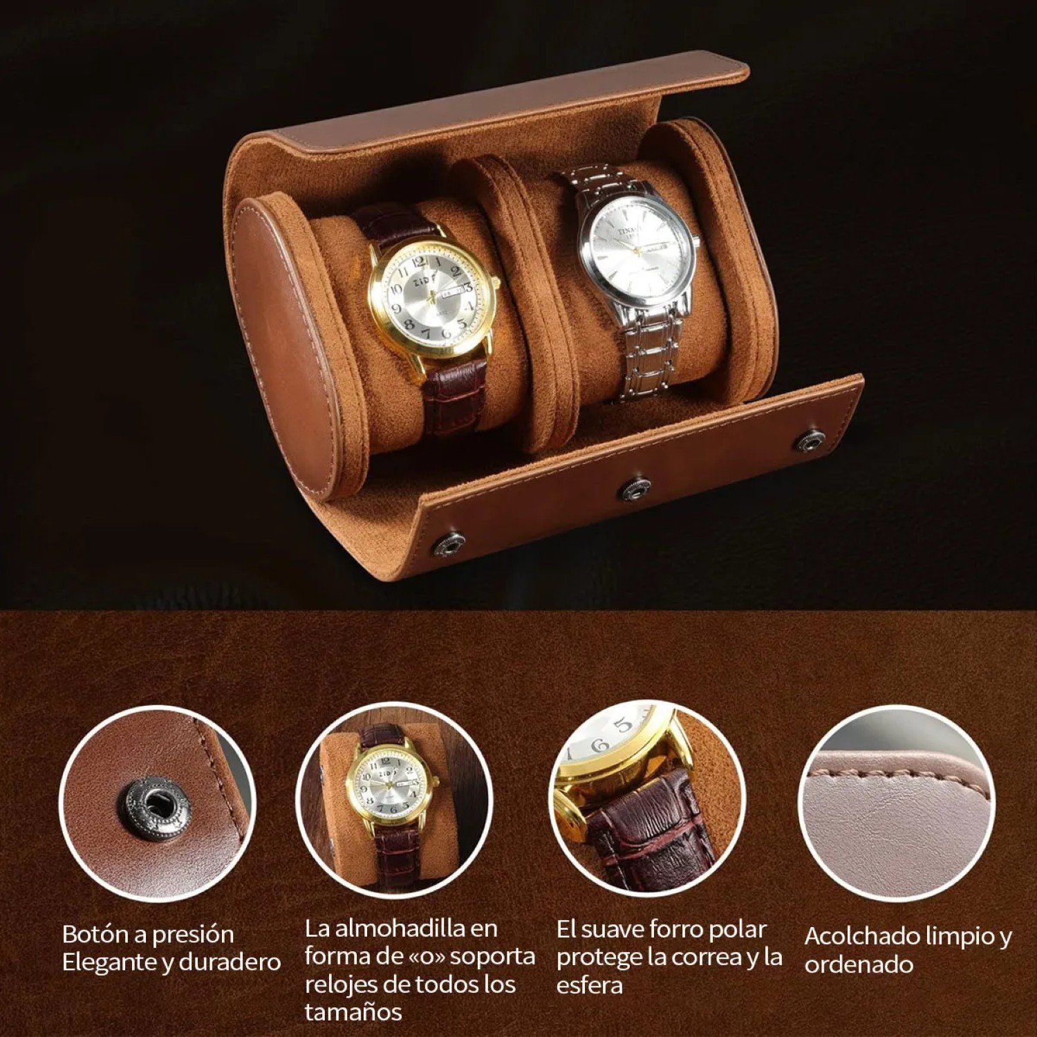 Estuche Cuero De Almacenamiento Para 2 Relojes Cafe Oscuro image number null
