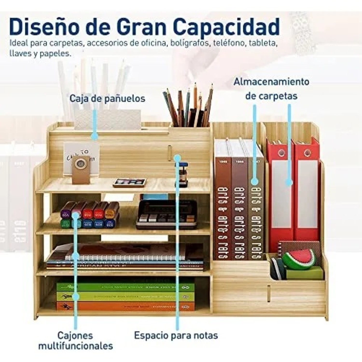 Organizador De Escritorio Para Oficina Hogar Armable Madera Claro image number null