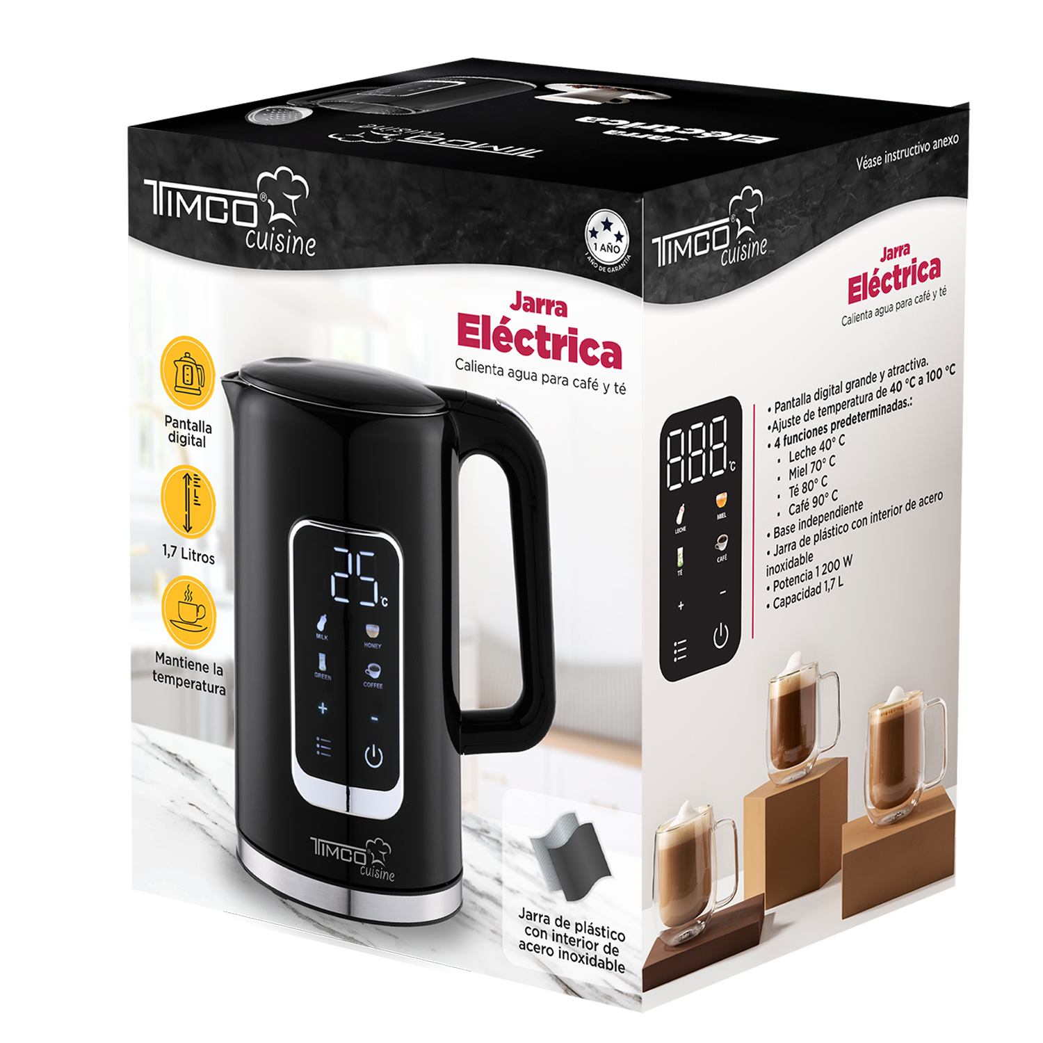 TIMCO Tetera El&eacute;ctrica con Pantalla Digital en Color Negro y Capacidad de 1700 ml image number null