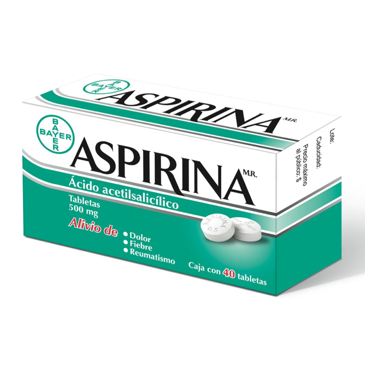 Aspirina (&Aacute;cido acetilsalic&iacute;lico) caja con 40 tabletas image number null